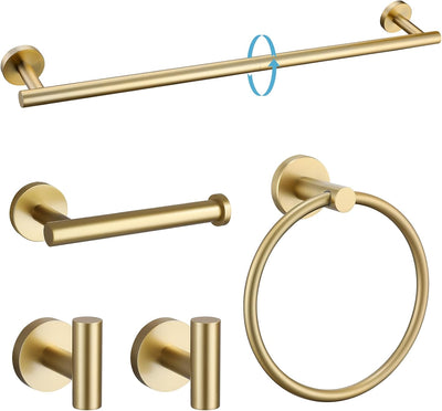Sumerain SUS304 Stainless Steel 5 Piece Bathroom Hardware Set,  Wall Mounted 24 Inch Bath Towel Bar Set, Round Bathroom Accessories Kit , Brushed Gold
