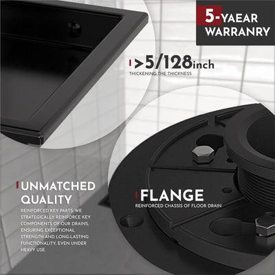 Sumerain Square Shower Floor Drain with Flange, SUS 304 Stainless Steel, Matte Black