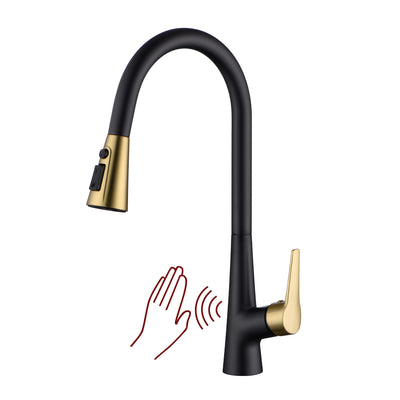 sumerain Hands-Free Touchless Kitchen Sink Faucet Single Handle Black and Gold Motion Sensor Pull Down Kitchen Faucet