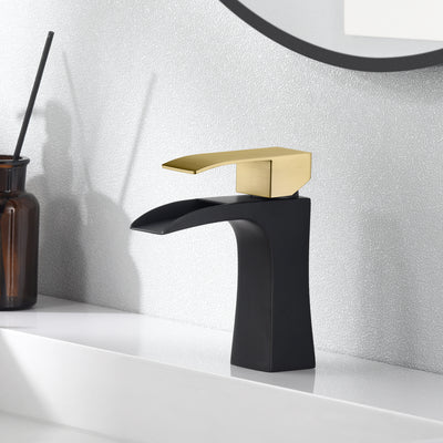 SUMERAIN Waterfall Bathroom Faucet Single Handle Single Hole Black and Gold Bathroom Sink Faucet Stainless Steel
