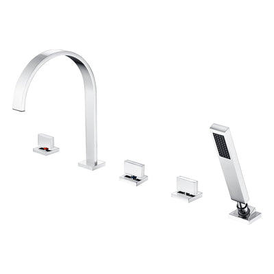 SUMERAIN 5 Hole Roman Tub Faucet with Hand Shower, High Flow Deck Mount Waterfall Bathtub Faucet with Valve, Chrome Finish