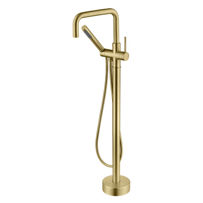sumerain Freestanding Bathtub Faucet with Hand Shower, Brushed Gold Floor Mount Tub Faucets Brass Single Handle High Flow