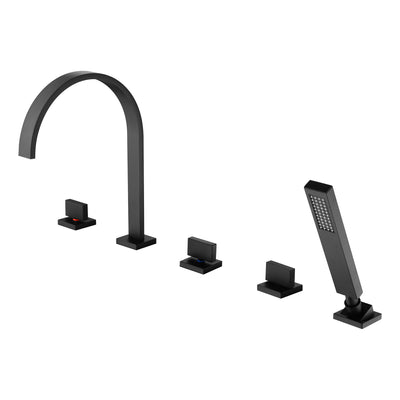 SUMERAIN Matte Black 3 Handle Roman Tub Faucet with Hand Shower, Contemporary 5 Hole Deck Mount Waterfall Tub Faucet with Valve, High Flow