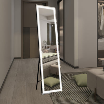 SUMERAIN Full Length Mirror with LED Lights, Lighted Floor Mirror with Dimming & 3 Color Lighting, Stand for Bedroom, Dressing Room，Black Frame, Shatterproof Tempered Glass，60"x16"