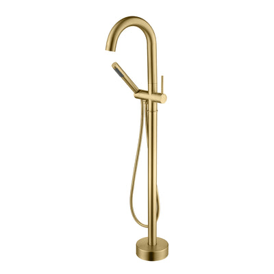 sumerain Brass Freestanding Bathtub Faucet with Handheld Shower, High Flow Brushed Gold Bathroom Floor Mounted Tub Filler Faucet with Swivel Spout