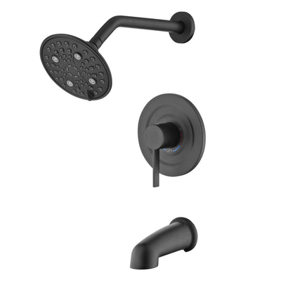 sumerain Modern Matte Black Tub and Shower Faucet Set with 6-Inch 6 Settings Rain Shower Head and Tub Spout, Valve Included