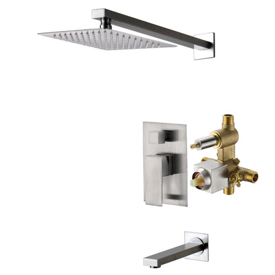 SUMERAIN Modern Wall-Mount Single Handle Tub and Shower Faucet with 8-inch Square Rain Showerhead, Tub and Shower Faucet with Pressure Balance Valve, Brushed Nickel