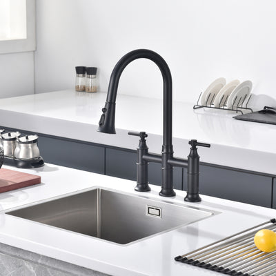 SUMERAIN Bridge Torneira de cozinha com pulverizador pull down preto fosco com 3 furos e 2 alças torneira de pia de cozinha de aço inoxidável