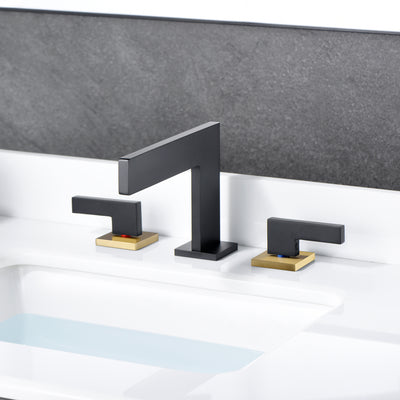 Sumerain Widespread Waterfall Bathroom Faucet 3 Hole 2 Handle 8 Inch Vanity Sink Faucet,Black and Gold Bathroom Basin Faucet with supply lines