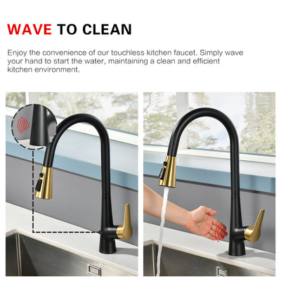 sumerain Hands-Free Touchless Kitchen Sink Faucet Single Handle Black and Gold Motion Sensor Pull Down Kitchen Faucet