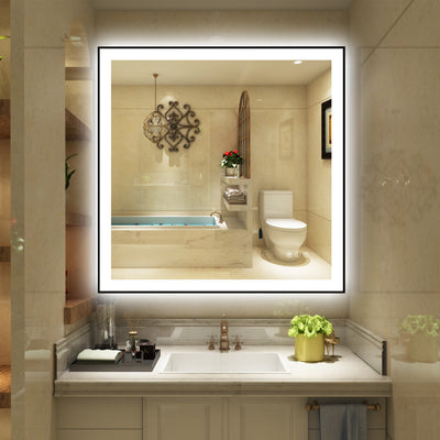 Sumerain 36 x 36 Inch LED Bathroom Mirror with Lights, Black Aluminum Framed Smart Dimmable Lighted Bathroom Vanity Mirror for Wall, 3 Color Temperatures, Anti-Fog