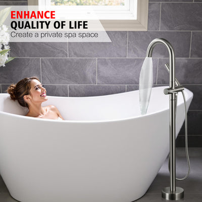 sumerain Bathroom Freestanding Bathtub Faucet Brushed Nickel, Modern Floor Mount Tub Faucet, High Flow with Hand Shower