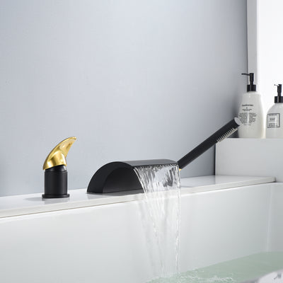 SUMERAIN Cachoeira Romana Torneira para Banheira Deck Mount Torneira para Banheira de Latão com Chuveiro de Mão, Acabamento Preto e Dourado