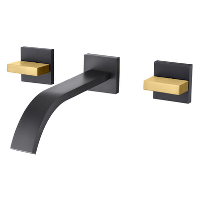 SUMERAIN Wall Mounted Faucet for Bathroom Sink Black and Gold Finish, Lavatory Basin Faucet with Two Handles and Rough in Valve