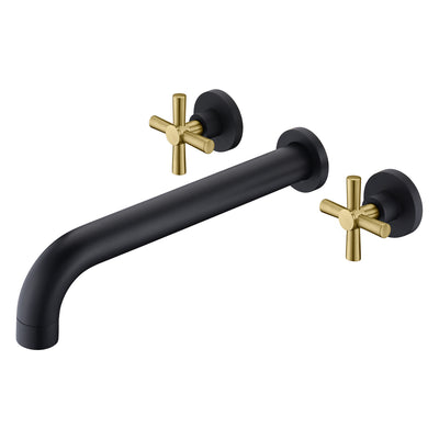 SUMERAIN Wall Mount Tub Faucet with 2 Cross Handles Black and Gold, Long Spout Reach High Flow