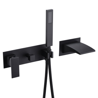 sumerain Black Wall Mount Tub Faucet, Waterfall Bathtub Faucet with Hand Shower Left-handed Faucet