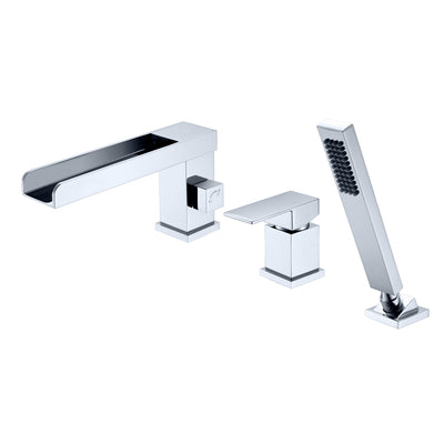 Waterfall Roman Tub Faucet with Hand Shower, 3 Hole Bathtub Faucet with Shower Diverter Chrome Finish