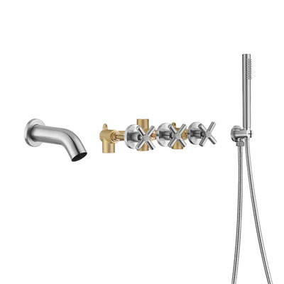 3 Handle Wall Mount Tub Faucet with Sprayer,Waterfall Bathtub Faucet Brushed Nickel