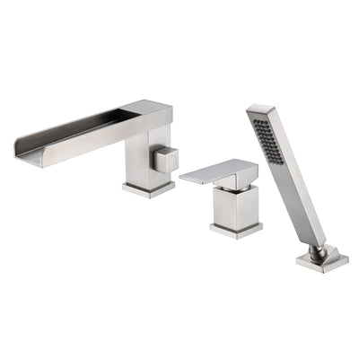 3 Holes Roman Tub Faucet with Sprayer Brushed Nickel Waterfall Tub Filler