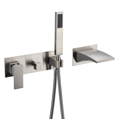 sumerain Wall Mount Tub Faucet Brushed Nickel Waterfall Bathtub Faucet with Hand Shower Left-Handed Faucet