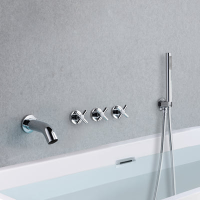 Torneira para banheira em cascata com enchimento de parede para banheira com chuveiro de mão, acabamento cromado