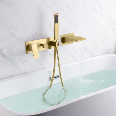 Torneira para banheira de montagem em parede sumerain com chuveiro de mão, torneira para banheira em cascata, ouro escovado, torneira para canhotos