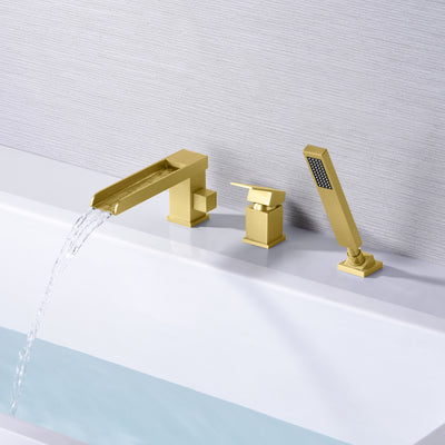 Torneira para banheira romana em cascata de ouro escovado com 3 furos com chuveiro de mão e válvula
