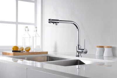 Torneira de cozinha de 3 vias com torneira purificadora de filtro de água potável, latão cromado