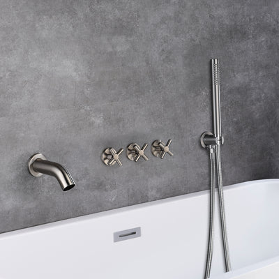 3 Handle Wall Mount Tub Faucet with Sprayer,Waterfall Bathtub Faucet Brushed Nickel