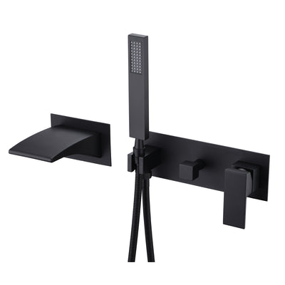 Matte Black Wall Mount Tub Faucets, Waterfall Tub Filler Spout with Hand Shower