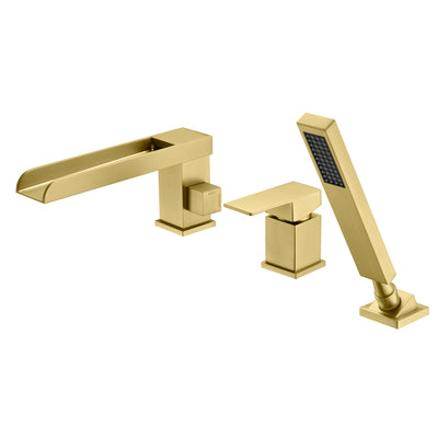 3 Hole Brushed Gold Waterfall Roman Tub Faucet with Hand Shower and Valve