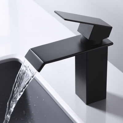 Torneira de banheiro cascata preta com alça única e furo único, design moderno