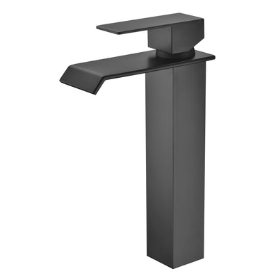 Single Handle Waterfall Matte Black Bathroom Faucet, Single Hole Modern Design Vessel Sink Faucet