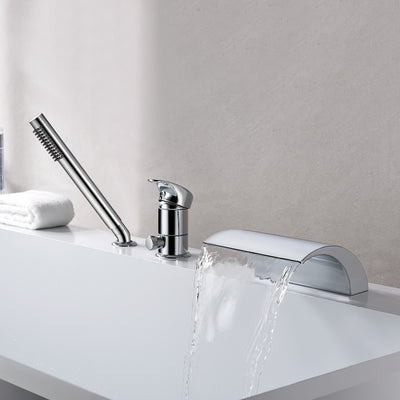 Torneira para banheira romana cascata com 3 furos, torneira para banheira com chuveiro de mão e acabamento cromado