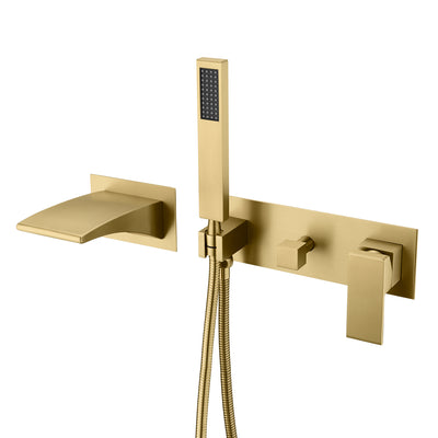 Brushed Gold Wall Mount Tub Faucet with Hand Shower, Waterfall Spout with Sprayer and Valve