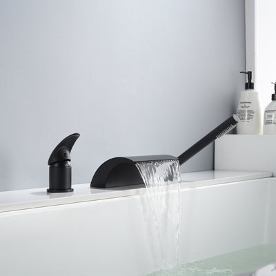 Torneira para banheira romana preta montada no deck com chuveiro de mão, bico cascata de alto fluxo com desviador