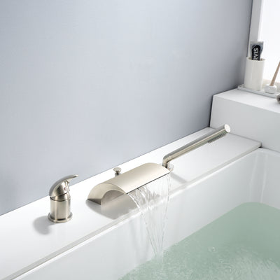 3 Hole Deck Mount Diverter Tub Faucet with handshower and Waterfall Spout,Brushed Nickel