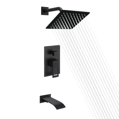 Black Tub and Shower Faucet Set with Waterfall Tub Spout and Anti-scalding Valve