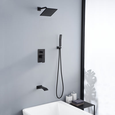 Sistema de chuveiro preto fosco com bico de banheira em cascata, válvula de equilíbrio de pressão anti-escaldante