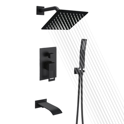 Matte Black Shower System with Waterfall Tub Spout, Anti-scalding Pressure Balance Valve