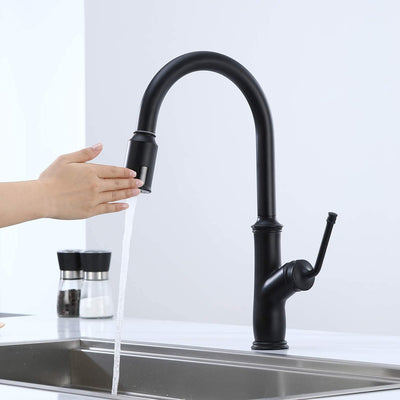 Torneira de cozinha sem toque preta com pulverizador pull down, dois sensores ativados por movimento