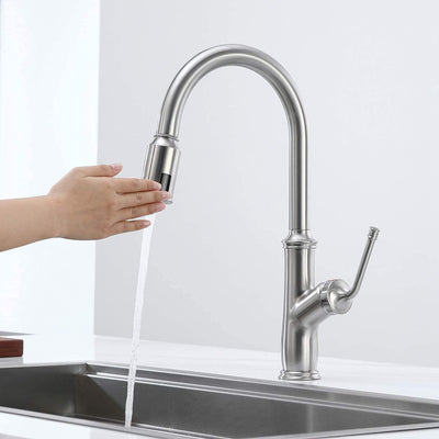 Torneira de cozinha sem toque com pulverizador pull down, acabamento em níquel escovado